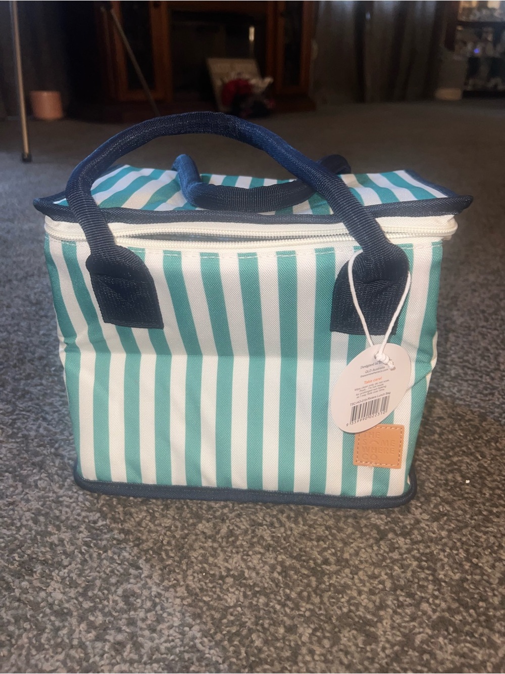 Striped Teal and White Insulated Lunch Tote with Navy Trim